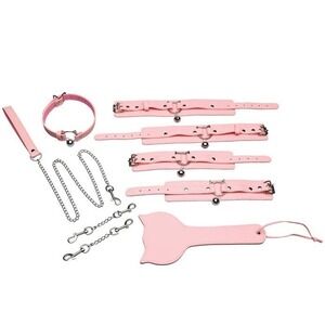 Pink Faux‎ Leather Accessory Set Collar Cuffs Leash Adjustable Cosplay Kit